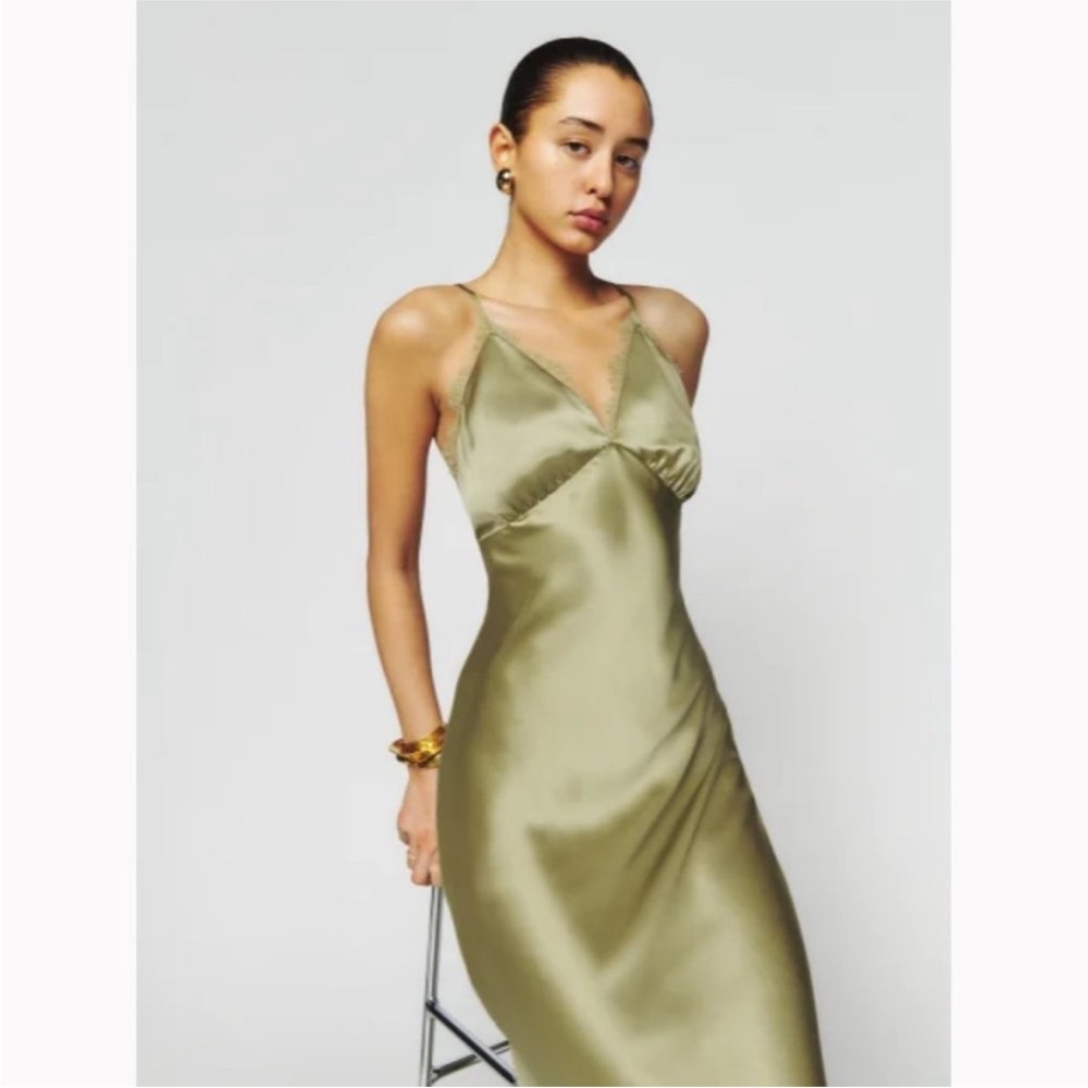 Reformation Silk Dress Green Maxi Lace NWT - Picture 5 of 7